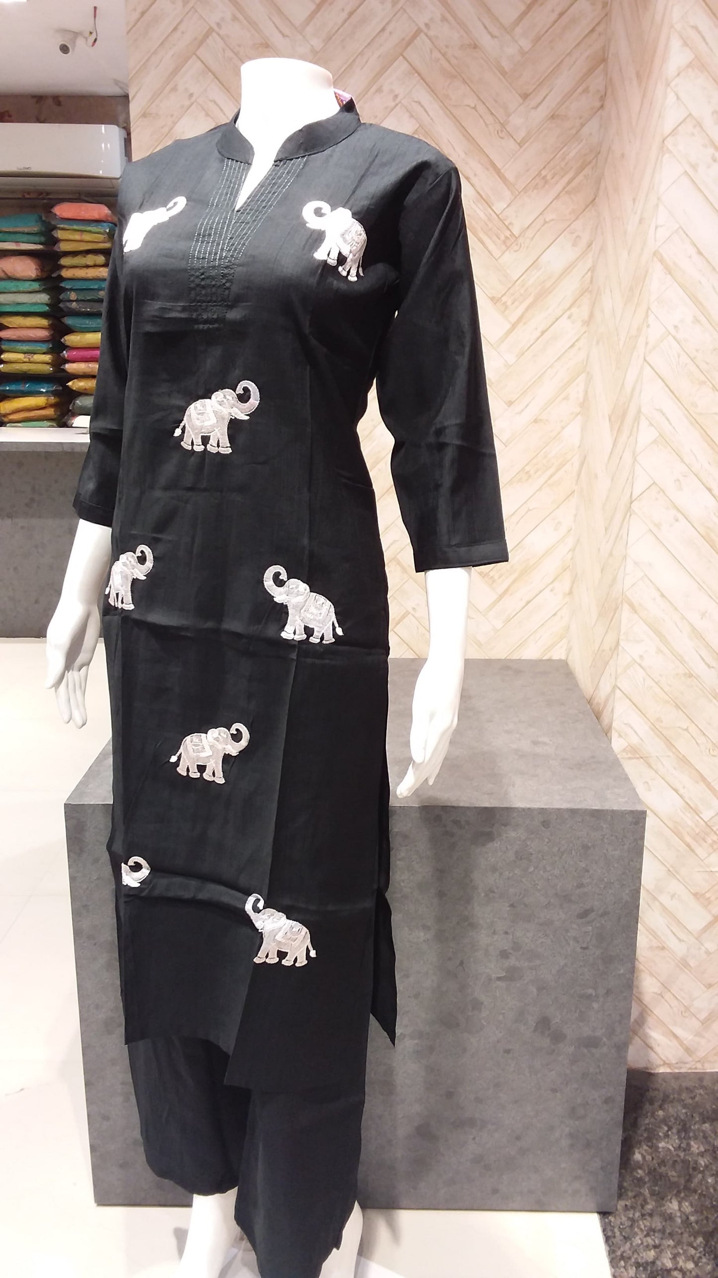 Elephant Embroidered Black Kurta Set