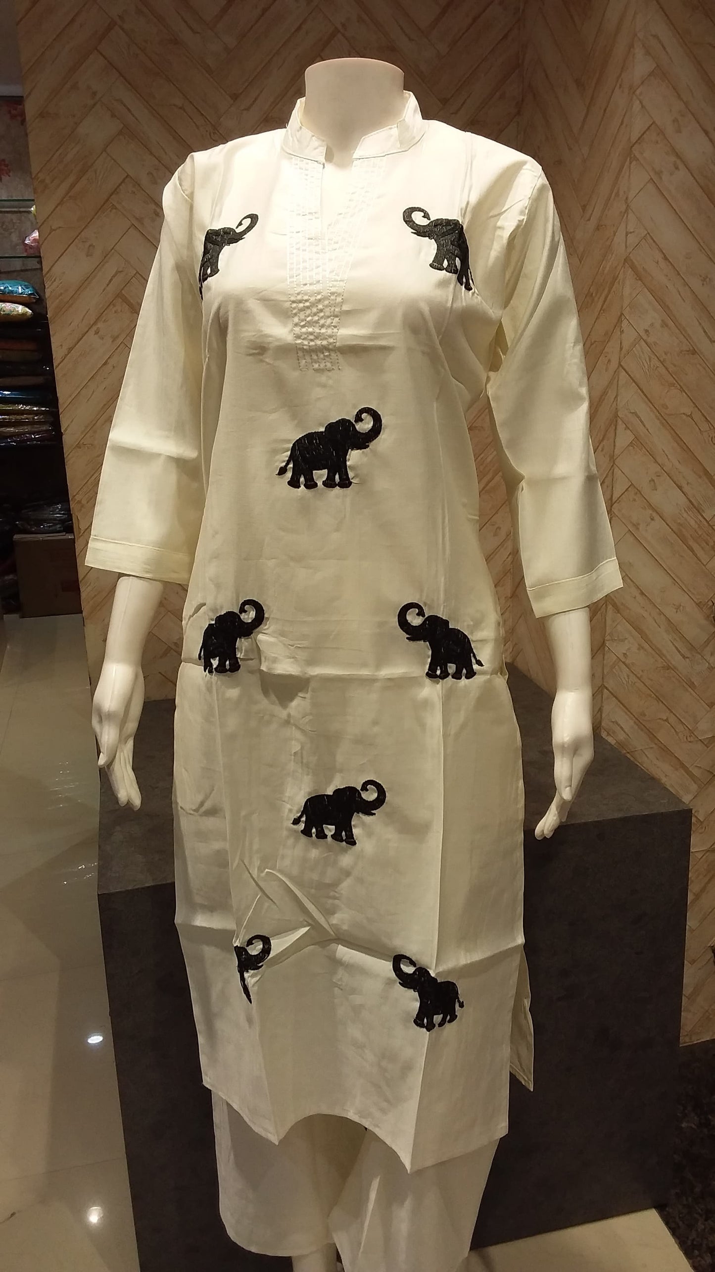 Elephant Embroidered White Kurta Set
