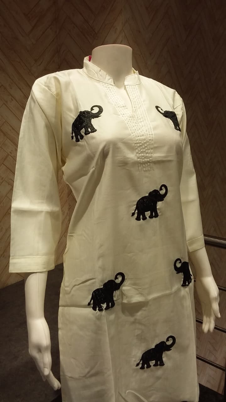 Elephant Embroidered White Kurta Set