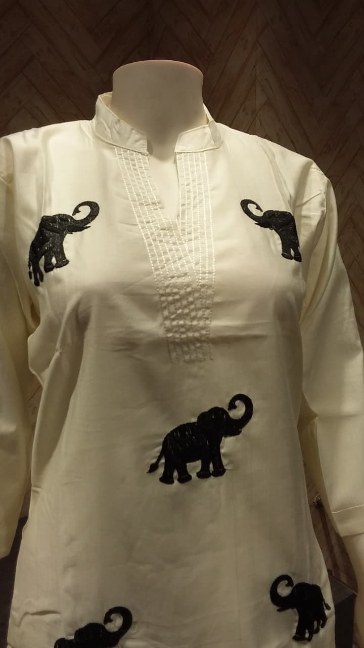 Elephant Embroidered White Kurta Set