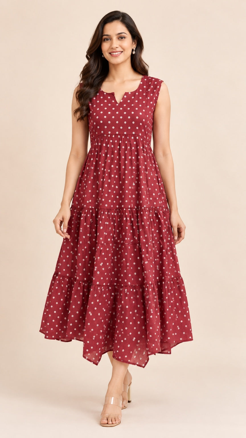 Burgundy polka dot tiered dress with sleeveless notched neckline