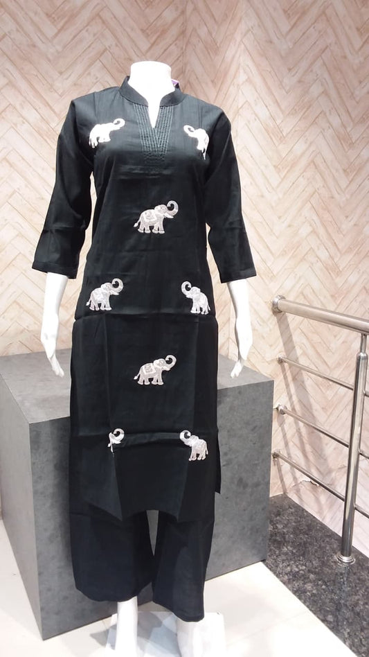 Elephant Embroidered Black Kurta Set