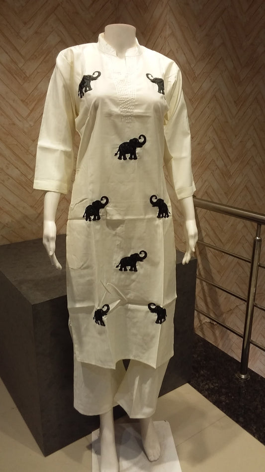 Elephant Embroidered White Kurta Set