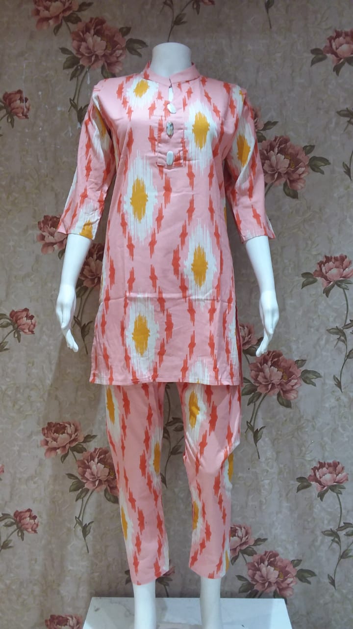 Pink Ikat Print Kurta and Pant Set