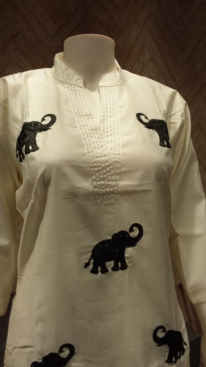 Elephant Embroidered White Kurta Set