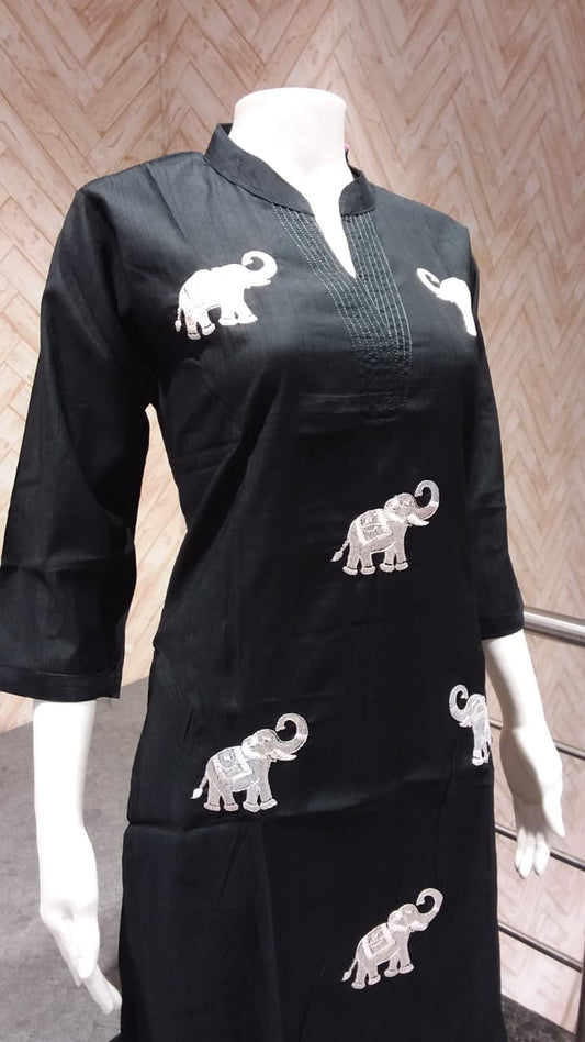 Elephant Embroidered Black Kurta Set