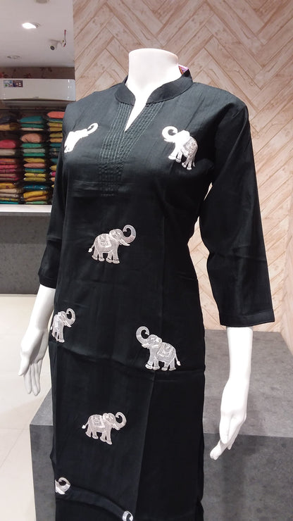 Elephant Embroidered Black Kurta Set