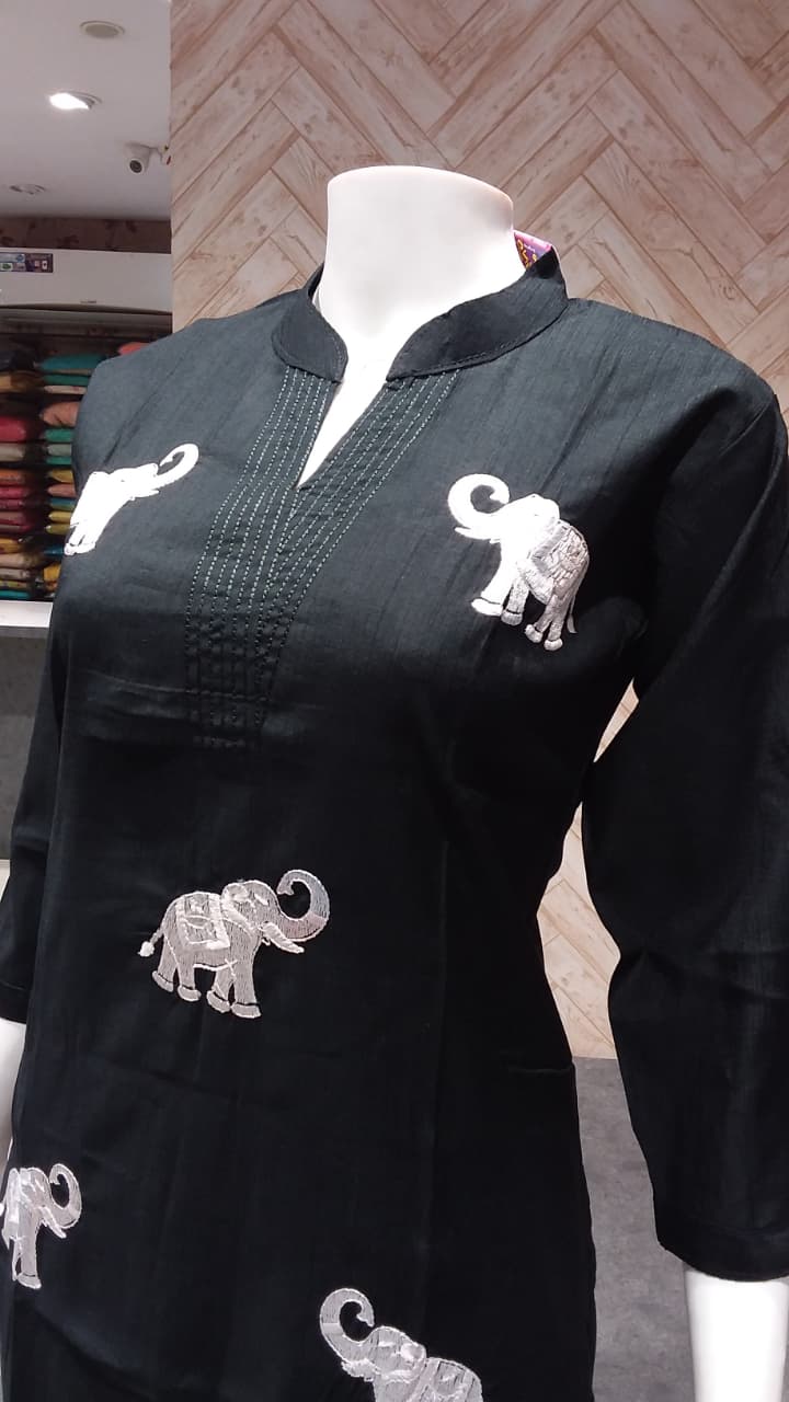 Elephant Embroidered Black Kurta Set