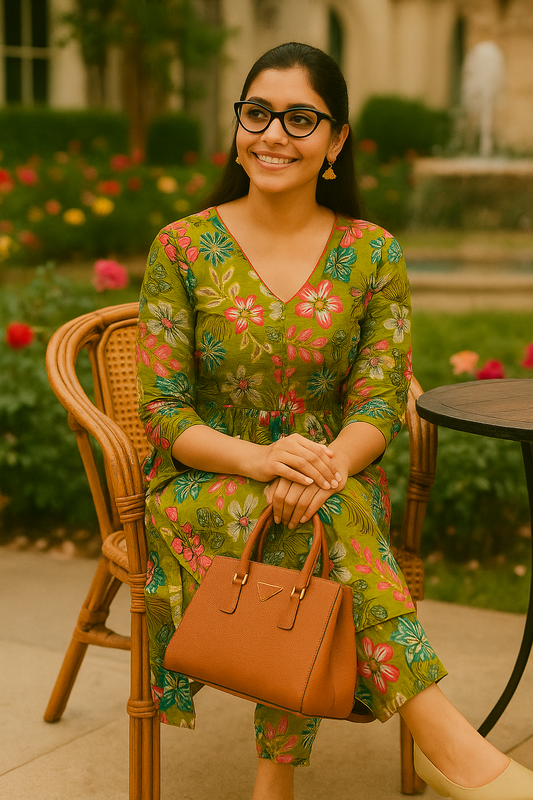 Tropical Bloom Anarkali Kurta Set in Lime Green