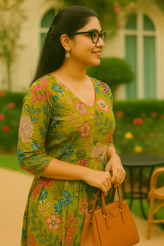 Tropical Bloom Anarkali Kurta Set in Lime Green