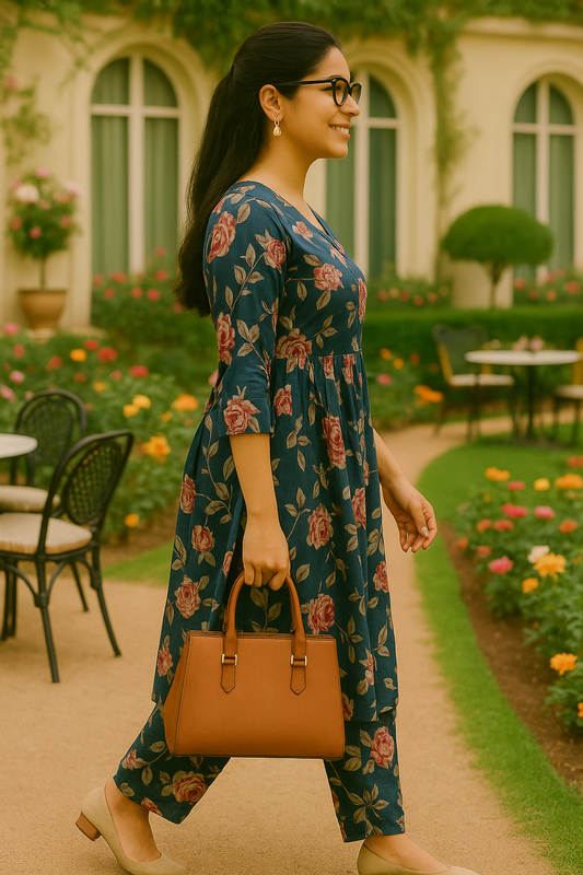 Floral Elegance Anarkali Kurta Set in Teal Green