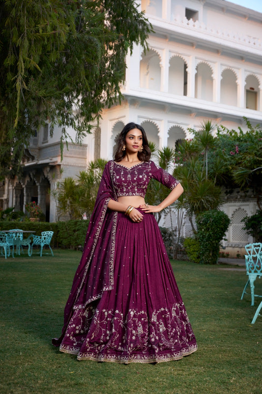 Wine-colored Vichitra Silk Lehenga Choli