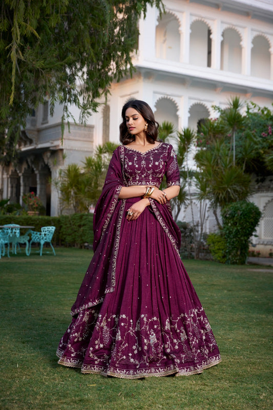 Wine-colored Vichitra Silk Lehenga Choli