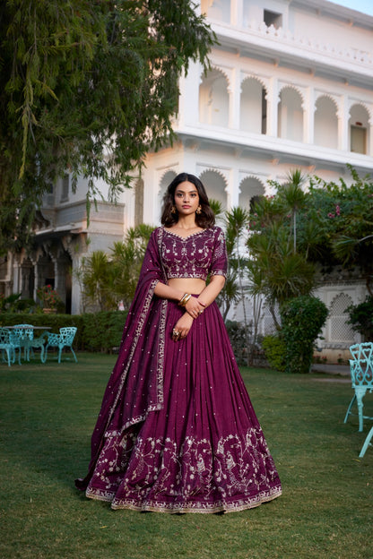 Wine-colored Vichitra Silk Lehenga Choli