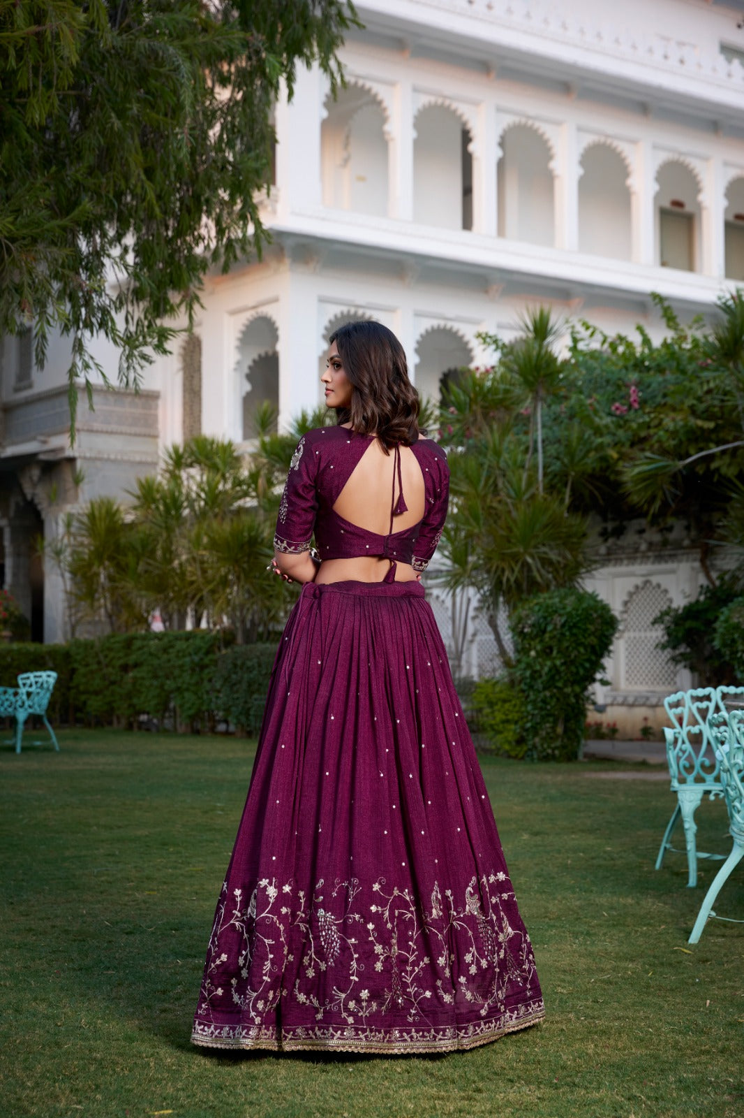 Wine-colored Vichitra Silk Lehenga Choli