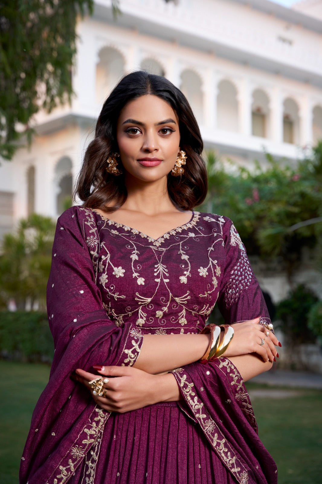 Wine-colored Vichitra Silk Lehenga Choli