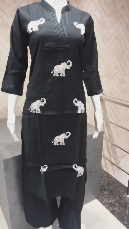 Elephant Embroidered Black Kurta Set