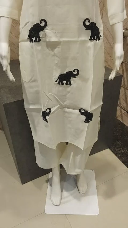 Elephant Embroidered White Kurta Set